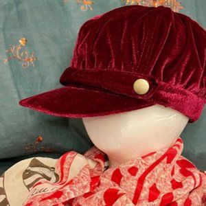 Classic Vintage EUC Burgandy red cranberry velvet newsboy paperboy cap hat Small